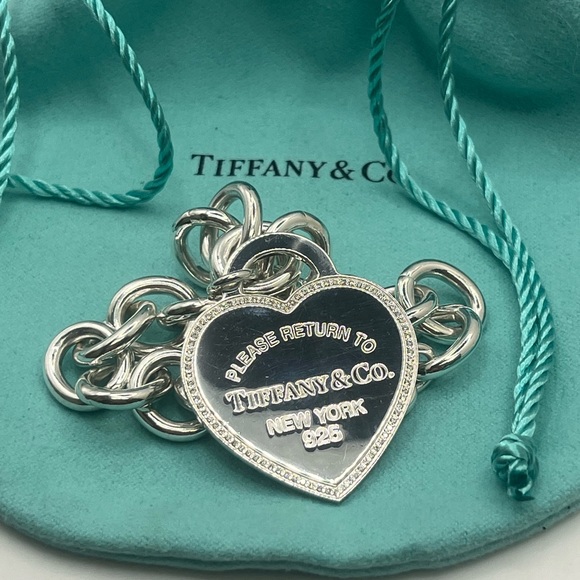 Tiffany & Co. Big Diamond Heart Tag Sterling Silver Chain Link Bracelet *Rare* - Picture 2 of 8